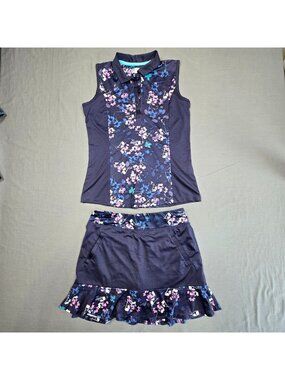 Callaway Small Golf Pickleball Set Floral Navy Sleeveless Polo Shirt Skirt